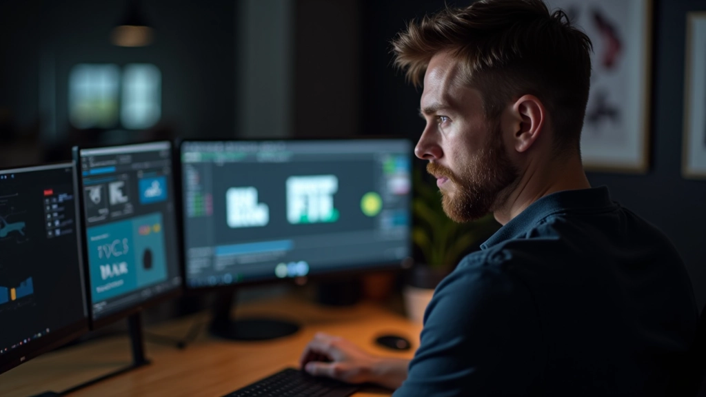 Designer graphique travaillant sur une interface d'animation avec des caractères typographiques visibles à l'écran