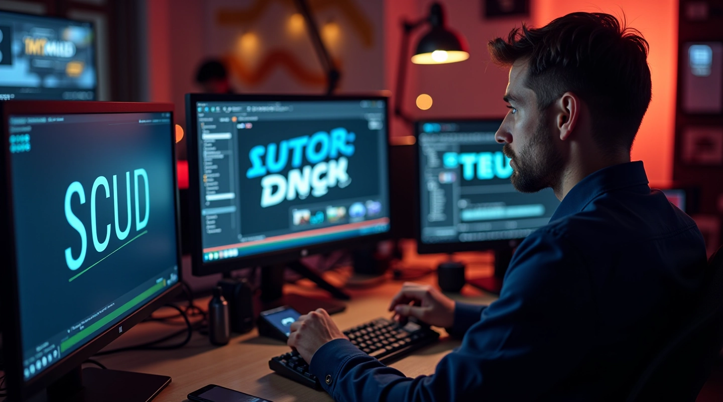 Studio de design motion avec écrans affichant des animations typographiques