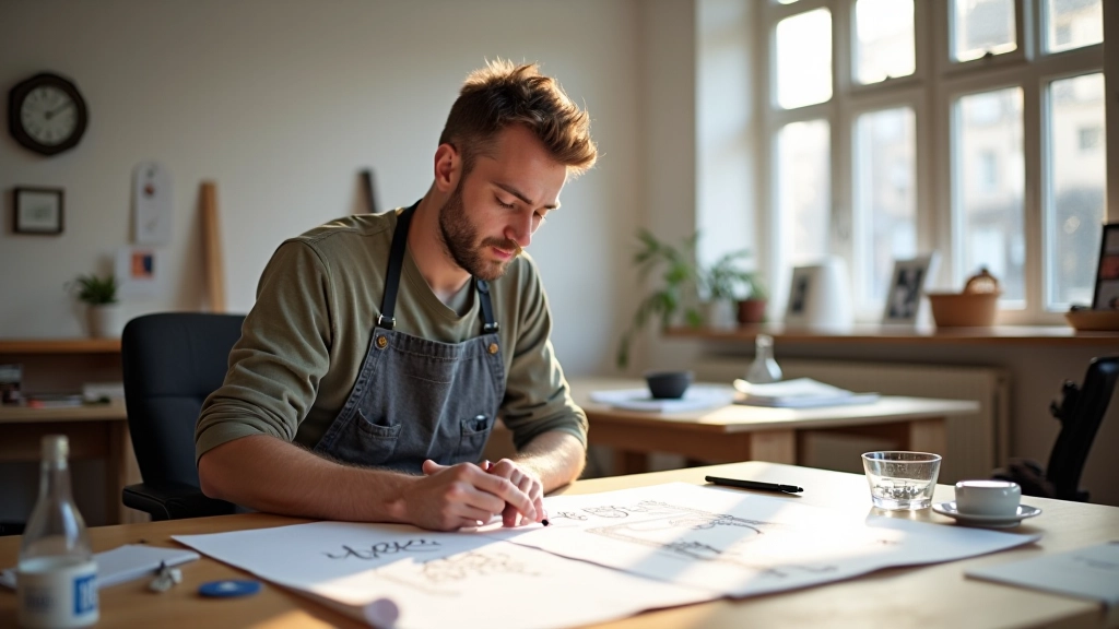Feuilles d'esquisse et de storyboard étalées sur une table avec croquis d'animations de lettres