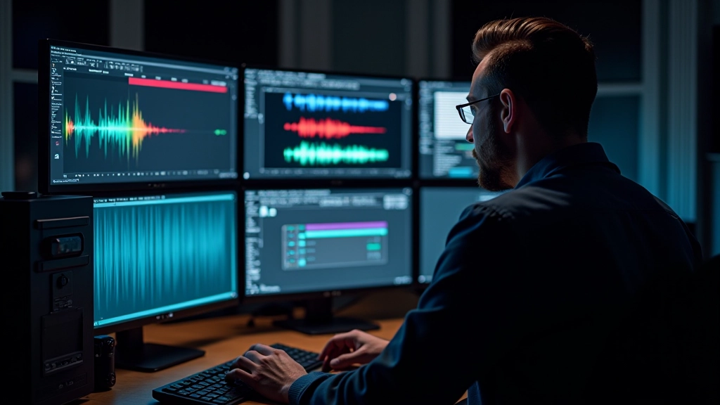 Poste de travail monteur video avec plusieurs écrans de contrôle, waveform monitor et outils de vérification broadcast en action